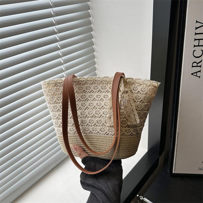

Popular vacation style vegetable basket woven bag women s seaside straw bag fashion versatile commuter shoulder bucket bag