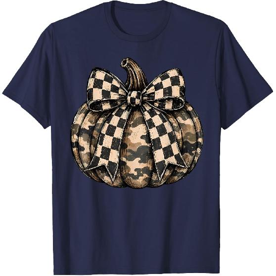Camo Pumpkin with Checkered Bow Cute Fall Halloween Season T-Shirt