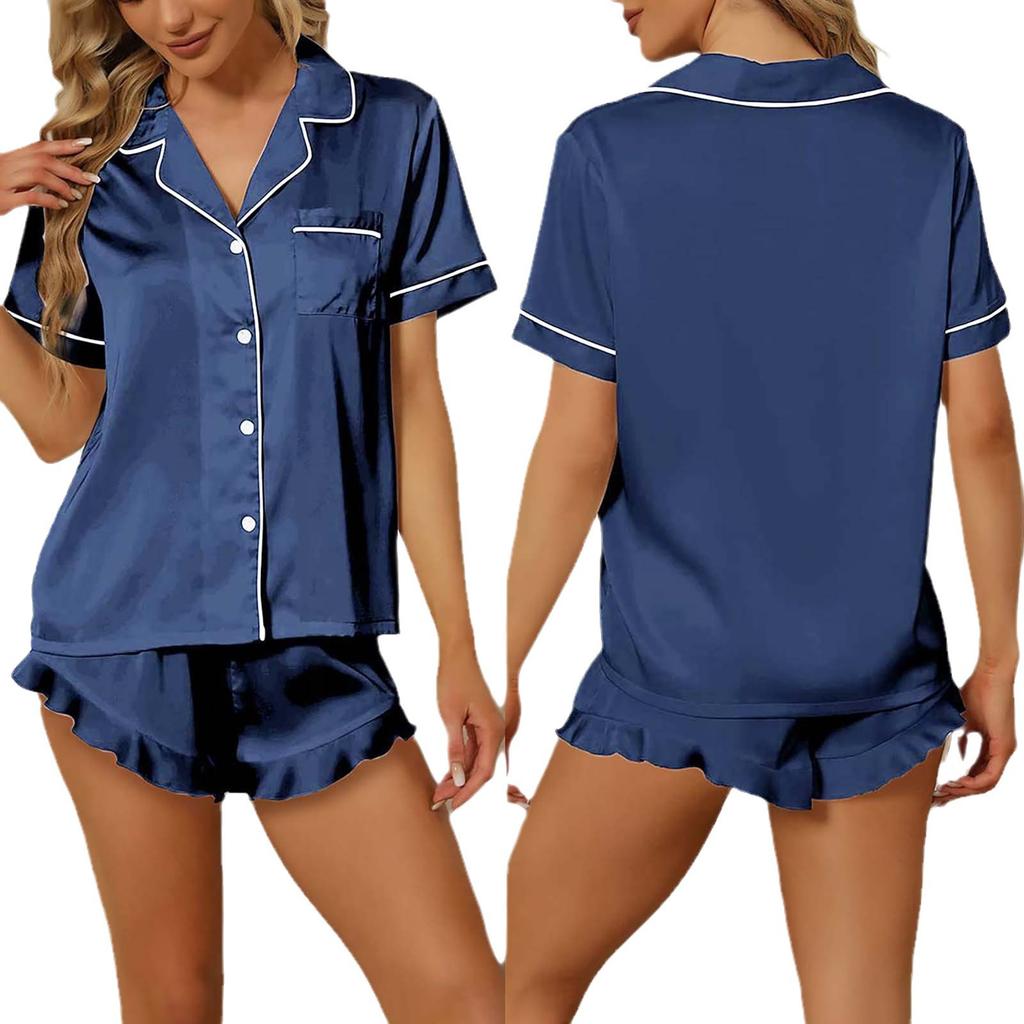 Summer Pajama Set Made of Silky Satin Fabric, Classic V-neck and Short Sleeve Design, Smooth and Elegant To Wear.
