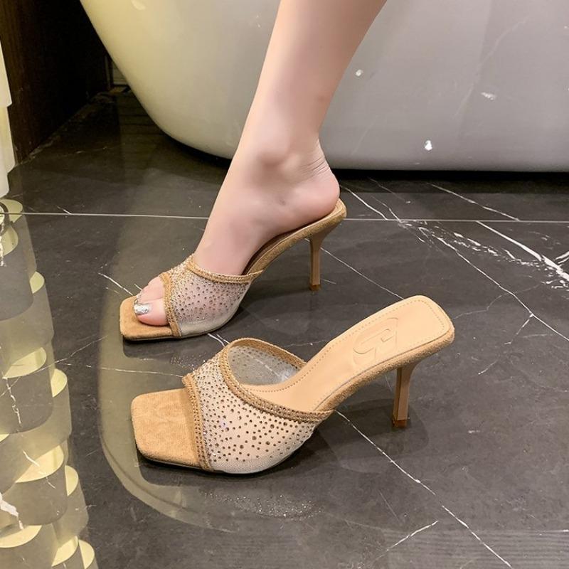Fashion Fashionable Versatile High Heel Slippers Rhinestone Decorated One-piece Strap Sandals Casual Elegant Ladies Shoes