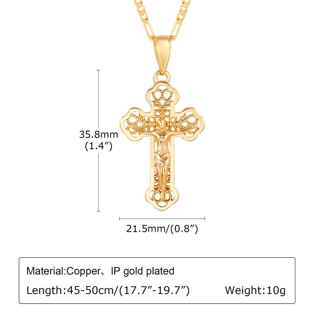 CZ Cross of Jesus Christ Crucifix Pendant Necklace, Figaro Chain Adjustable, Women Catholic Jewelry
