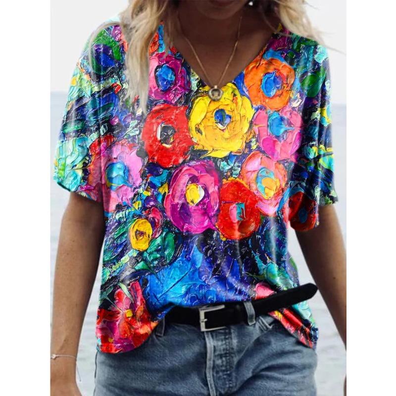 Sommer Graffiti Blume 3D-gedrucktes Kurzarm Damen V-Ausschnitt Buntes Lässiges Vielseitiges T-Shirt