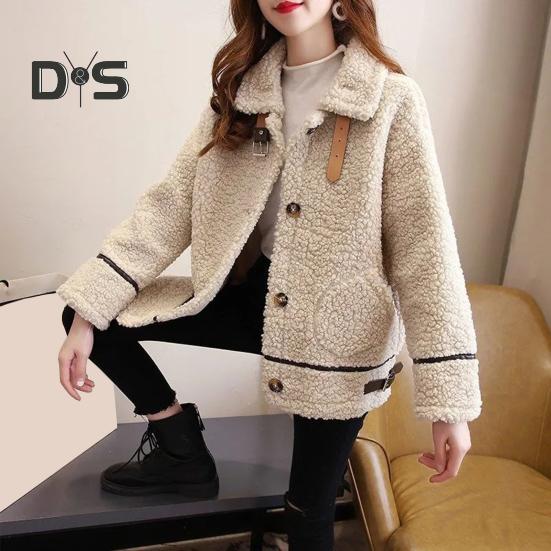 Winter Women Coat Single-breasted Turn-down Collar Long Sleeves Loose Thick Plush Pockets Belt Decor Windproof Warm Jacket