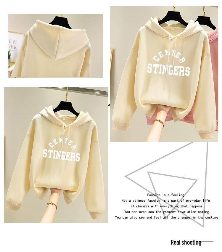 Korean Style Women's Fleece-Lined Hooded Sweatshirt, Plus Size, Loose Fit, Long-Sleeved, for Autumn and Winter.