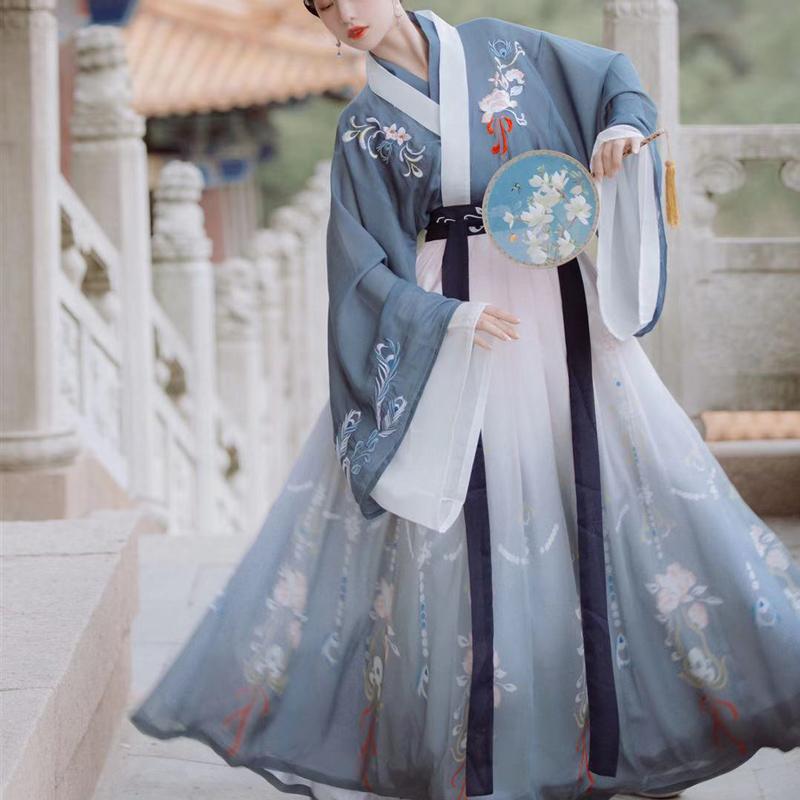 Chinese Women Dancing Dress Hanfu Female Adult Elegant Spring Autumn Antique Style Collar Waist Skirt Gradient Stage Hanfu