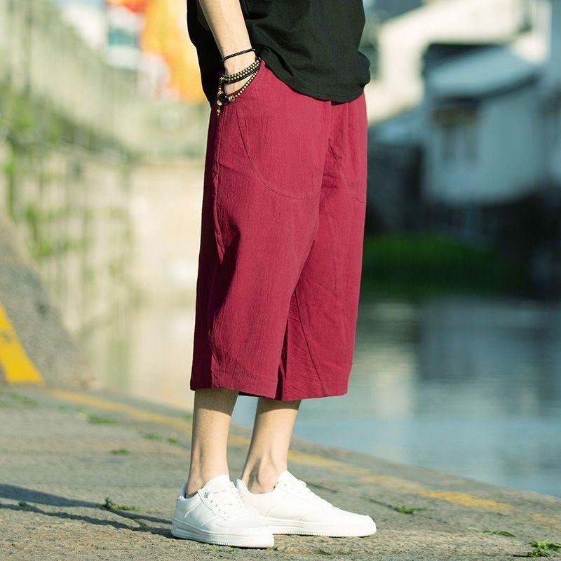 Summer Thin Cotton Linen Men's Loose Fit Seven-Foot Pants Wide Leg Casual Shorts Comfortable Breathable Lightweight Trousers