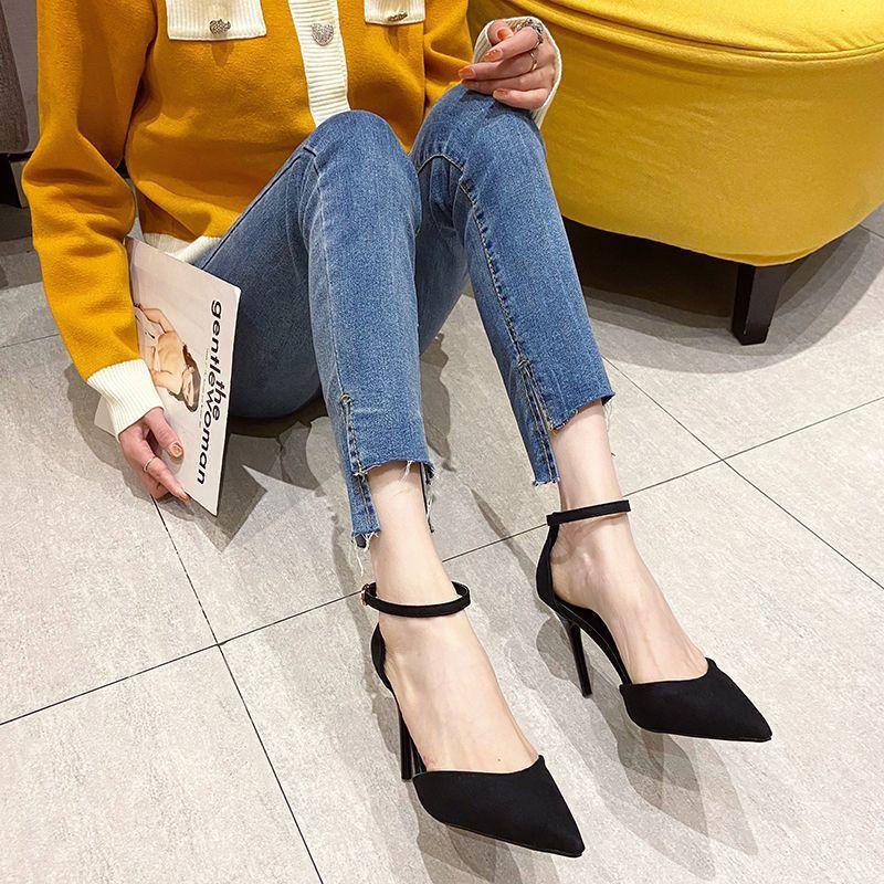 Versatile Fashion One-word Buckle Single Shoes 2025 New Spring and Autumn High Heels Women's Pointed Head Black Thin Heel Professional OL Women's Tide