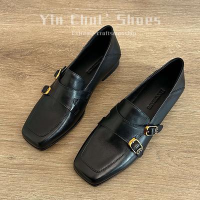 Version cuir de vache~ 2025 nouvelles petites chaussures en cuir rétro mocassins à une pédale pour femmes printemps et automne nouvelles chaussures simples de style britannique pour femmes