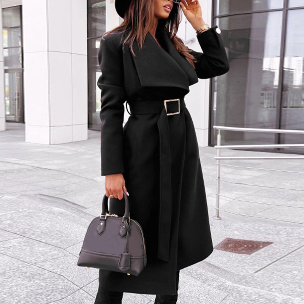 Women's  Winter Long Sleeve Lapel Pocket Casual Coat Belt Woolen Coat