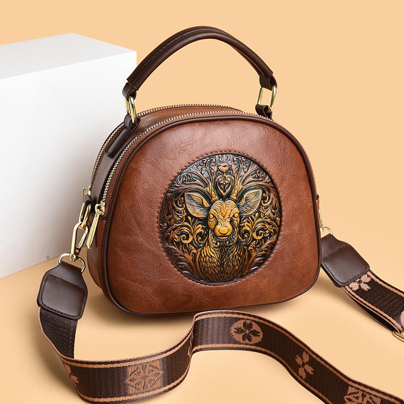 Exquisite Hand-Tooled PU Bag with Deer Design – Vintage-Inspired Crossbody and Top-Handle Bag for Women