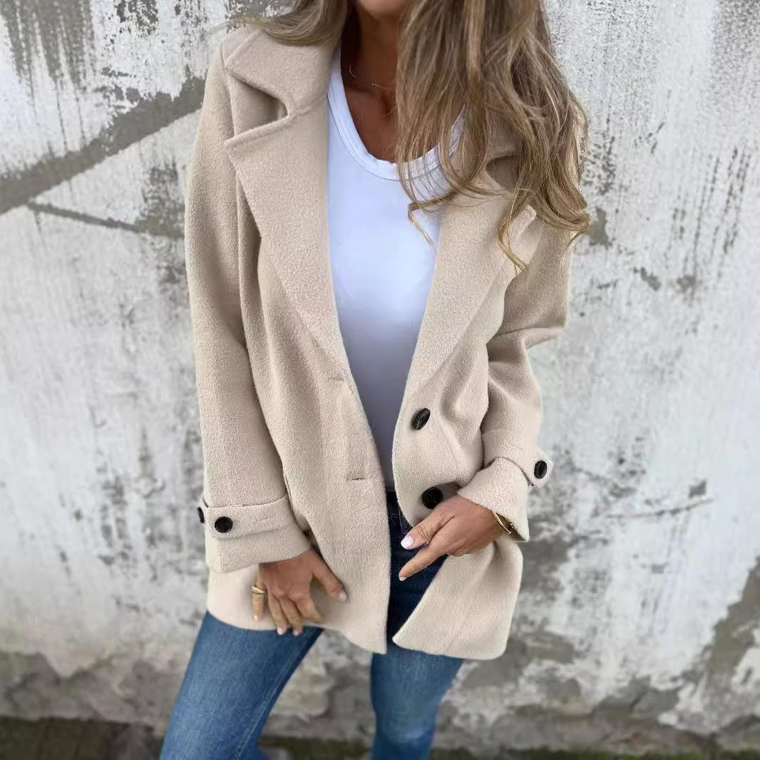 

Осень и зима Новая женская шерстяная куртка Повседневный свободный кардиган с лацканами и ложными карманами 3XL