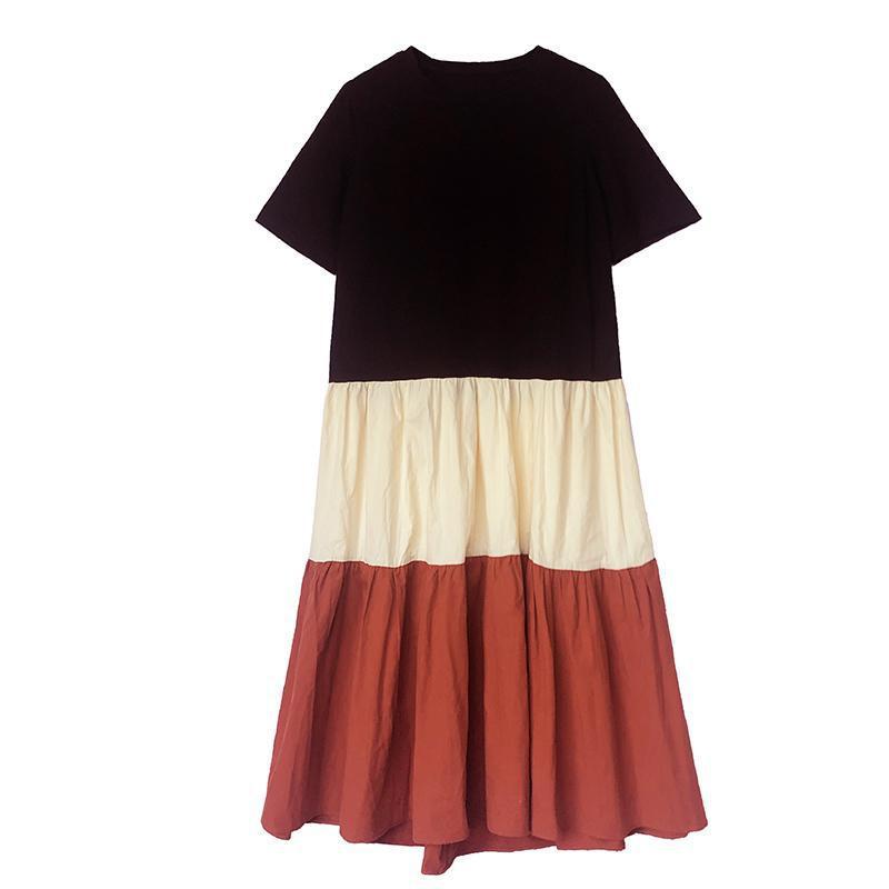 Summer new medium and long contrasting color dress women's fake two-piece temperament splicing a-word skirt