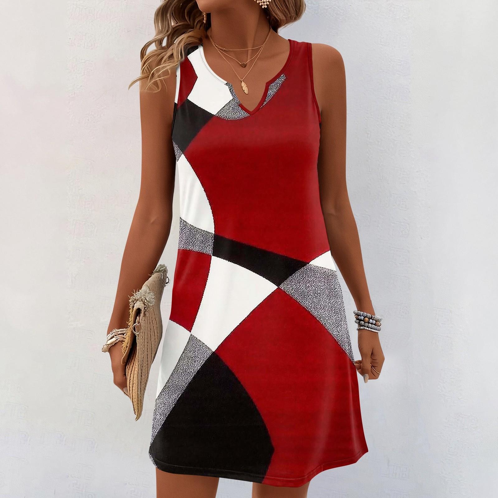 

Женские летние платья с V-образным вырезом и принтом без рукавов Сарафан Повседневное платье XXL красный