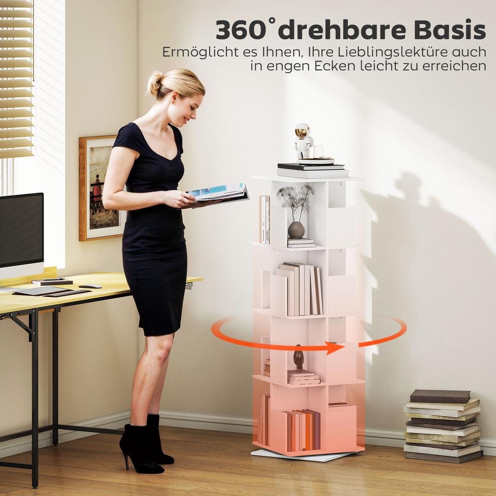 Rotating Bookshelf with 4 Levels, 16 Compartments, Easy Access, for Bedroom, Living Room, Study, Particle Board, White