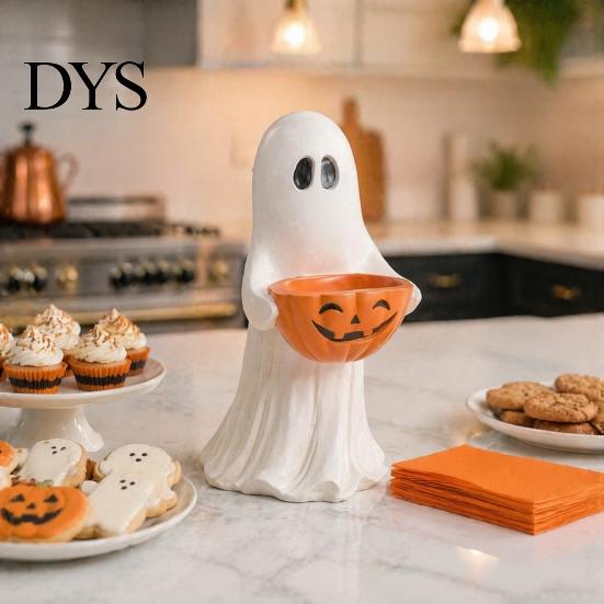 Decorative Pumpkin Snack Bowl Resin Ghost Statue with Candy Bowl, Cute Figurine, Trick Fall Harvest Home Decor or Treat Holder for Front Porch