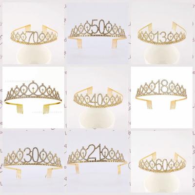 First Birthday Number Crown Water Diamond Headband  Ball Hair Accessory Anti Slip Cake  Decoration Alloy Hair Band