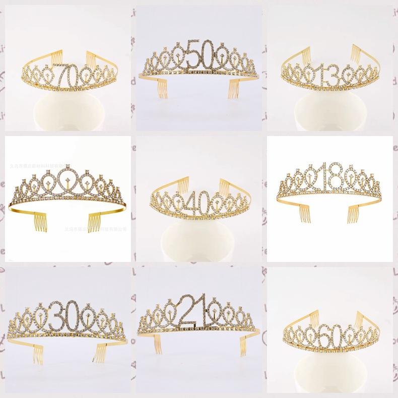 First Birthday Number Crown Water Diamond Headband  Ball Hair Accessory Anti Slip Cake  Decoration Alloy Hair Band