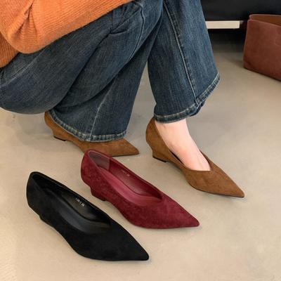 Autumn Suede Pointed Wedge Heel Medium Heel Single Shoes Soft Sole Light Mouth Versatile High Heel Ladle Shoes Women's Shoes Suede