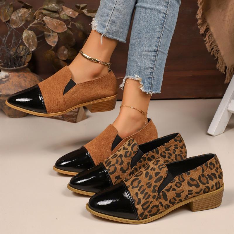 Women'S Plus Size Leopard Print Loafers - Pointed Toe Slip-On Mules with Chunky Heel, Brown Black Synthetic Cover Casual Shoes for All Seasons