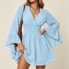 Women Long Sleeve Dress V Neck Flared Sleeve Waistband Mini Dress Casual Elegant Party Dress