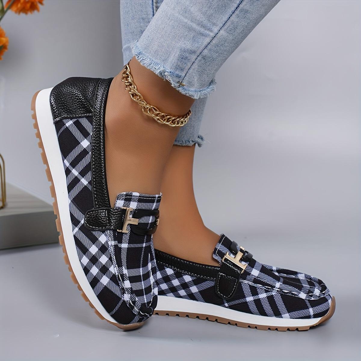 

Women s, Buckle Decoration, Flat Shoes, Casual, Checkered Pattern, Casual Shoes, Lightweight Low Top Shoes, Single Shoes 36 чёрный