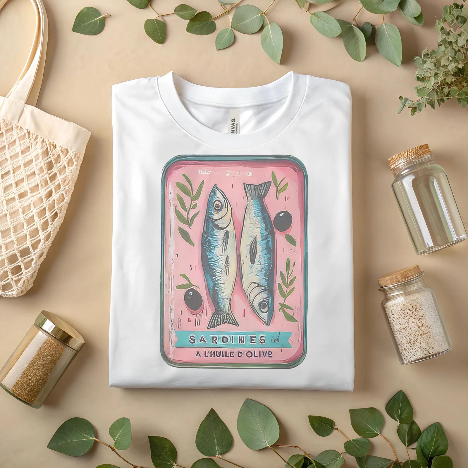

Vintage Sardines T-Shirt – French Art Food Graphic Tee A L’Huile D’Olive A422 S
