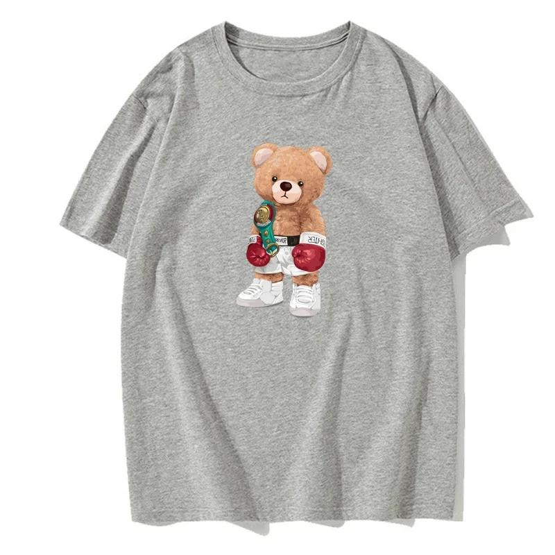 Men's Cotton Casual Short Sleeve Power Boxer Teddy Bear Never Give Up Printed Funny T-Shirt European Size Men's T-Shirt Clothing
