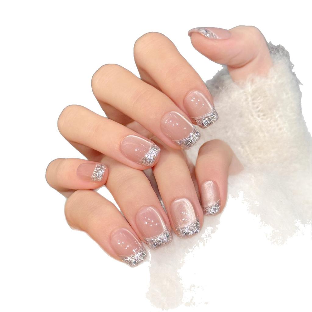 10Pcs Handmade French Cat Eye Diamond Silk Press On Nails Full Coverage Removable Fake Nail Tips For Women And Girls
