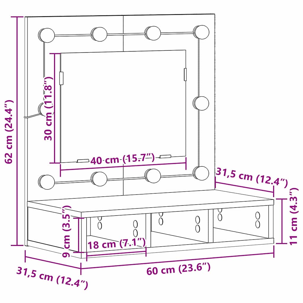 Mirror Cabinet with Shelf Black Oak Effect 60 X 31.5 X 62 Cm