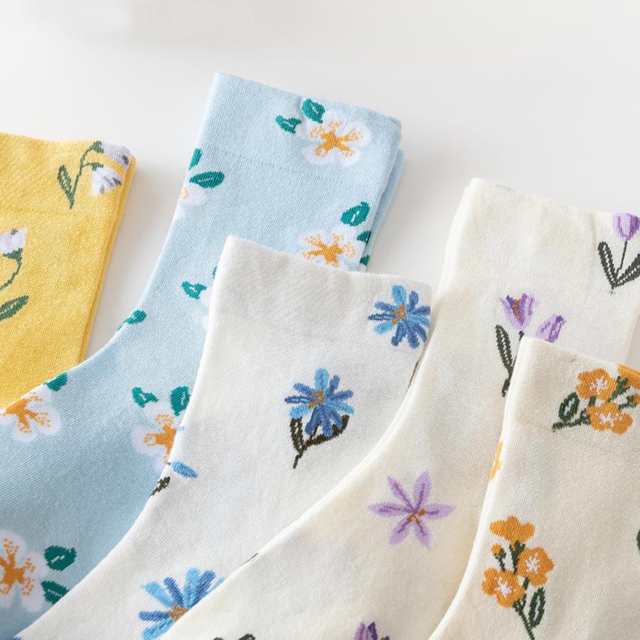 5 Pairs Pack High-quality Women's Cotton Socks With Trendy Floral Print Pattern Mid Length Socks For Woman Autumn And Winter