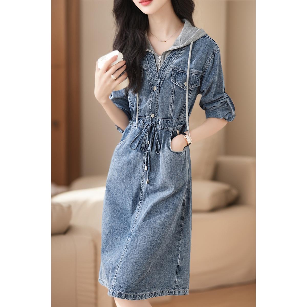 

Women s Two-Piece Look Denim Hoodie Dress - Spring/Autumn Slim Fit Waist-Cinched Mid-Length Skirt S (40-50kg)