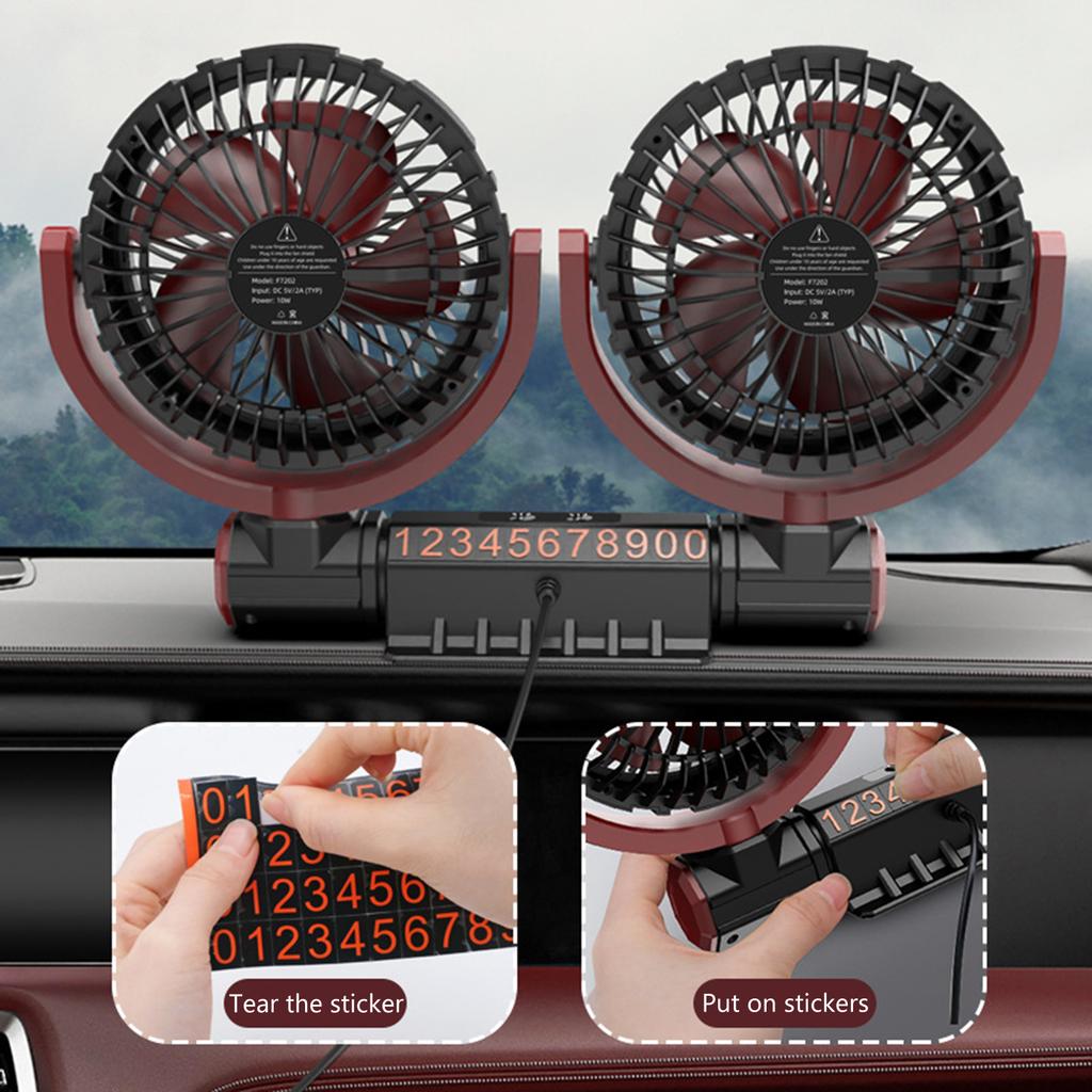 USB Car Fan with Double Head 3 Speed Strong Wind Car Cooling Fan Car Interior Air Circulation Fan 360 Degree Rotates