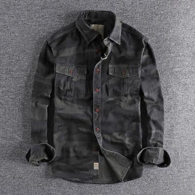 Spring Fall Men Shirt Camouflage Print Cargo Style Chest Pockets Wear-resistant Long Sleeves Turn-down Collar Button-down Outdoor Work Top
