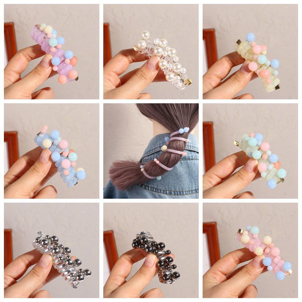 Beads Telephone Line Hair Rope Straight Pearl Hair Ring Creative Transparent Ponytail Holder  Daily
