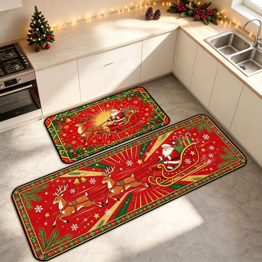 Christmas Atmosphere Long Floor Mat Set - Water Absorbent, Wear-Resistant Home Kitchen Decor