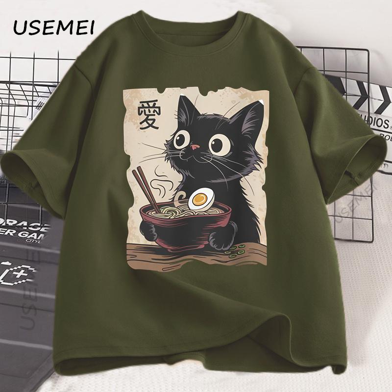 Funny Cat Ramen T-shirt Graphic Tee Japanese Kawaii Anime Cat Graphic T Shirts Men Women Casual Short Sleeve Cotton Tee Shirt