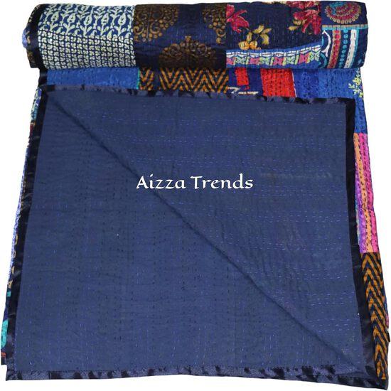 Aizza Trends Cuvertură Kantha din bumbac pur lucrată manual - Pătură decorativă tradițională indiană-Cuvertură vintage din sari de mătase de bumbac