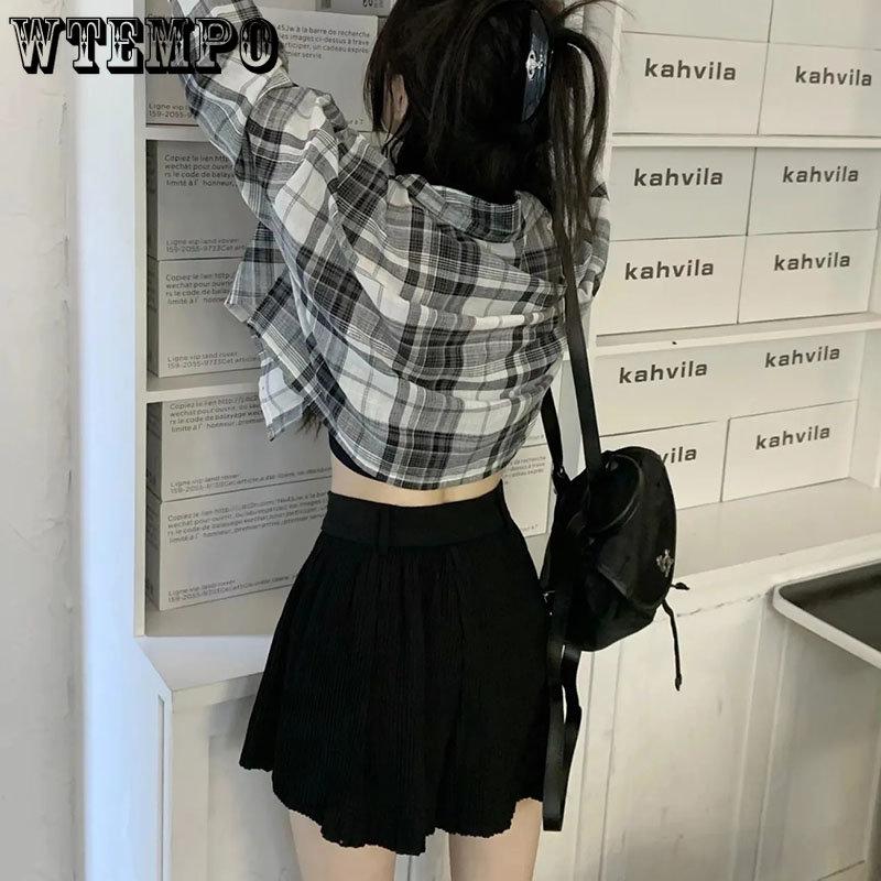 WTEMPO Female Summer Solid A-line Pleated Skirts Women's Elegant Elastic High Waist Slim Casual Wide Leg Black Shorts Skirt