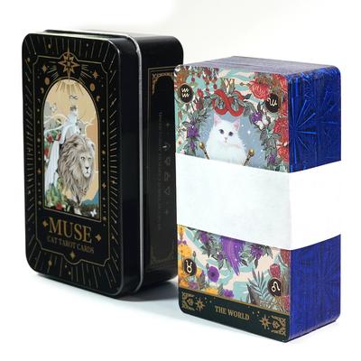 10.3*6cm Muse Cat Tarot Deck In A Tin Box with Blue Gilded Edges 78 Pcs Cartoon Themed Tarot Cards with Guidebook for Beginners