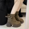Herbst Winter Gürtelschnalle Damen Ritterstiefel Mode Slipper Vintage Plateau Dicke Absätze Damen Kurze Stiefeletten
