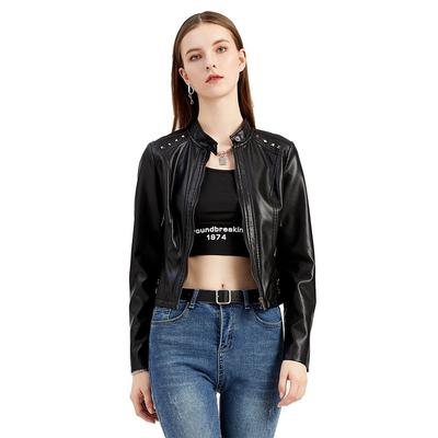 Women Sring Autumn Black Faux Leather Jackets Zipper Rivet Short Basic Coat Fashion Slim Female Motor Biker Pu Jacket