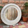 Wooden Carved Round Wall Mirror-Distressed White Finish Mirror, Boho Wall Decor, Indian Accent Mirror for Bedroom or Living Room Home Decor