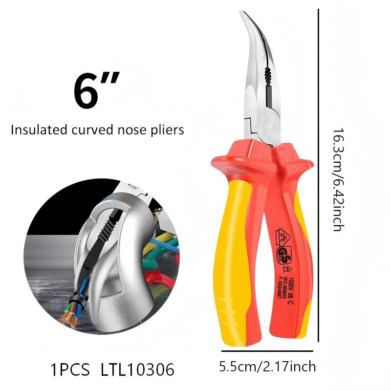 VDE Insulated Bent Nose Needle-Nose Pliers, Pressure Resistant Electrician Tool, 1000V, 6 & 8