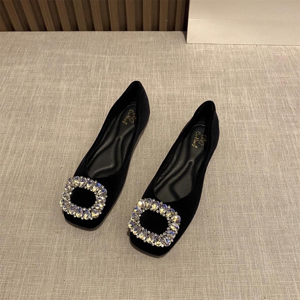 Fashion Flat Shoes for Women Spring and Autumn of 2025 New Suede Diamond Square Toe French Shallow Mouth Flat Shoes Plus Size 43 44