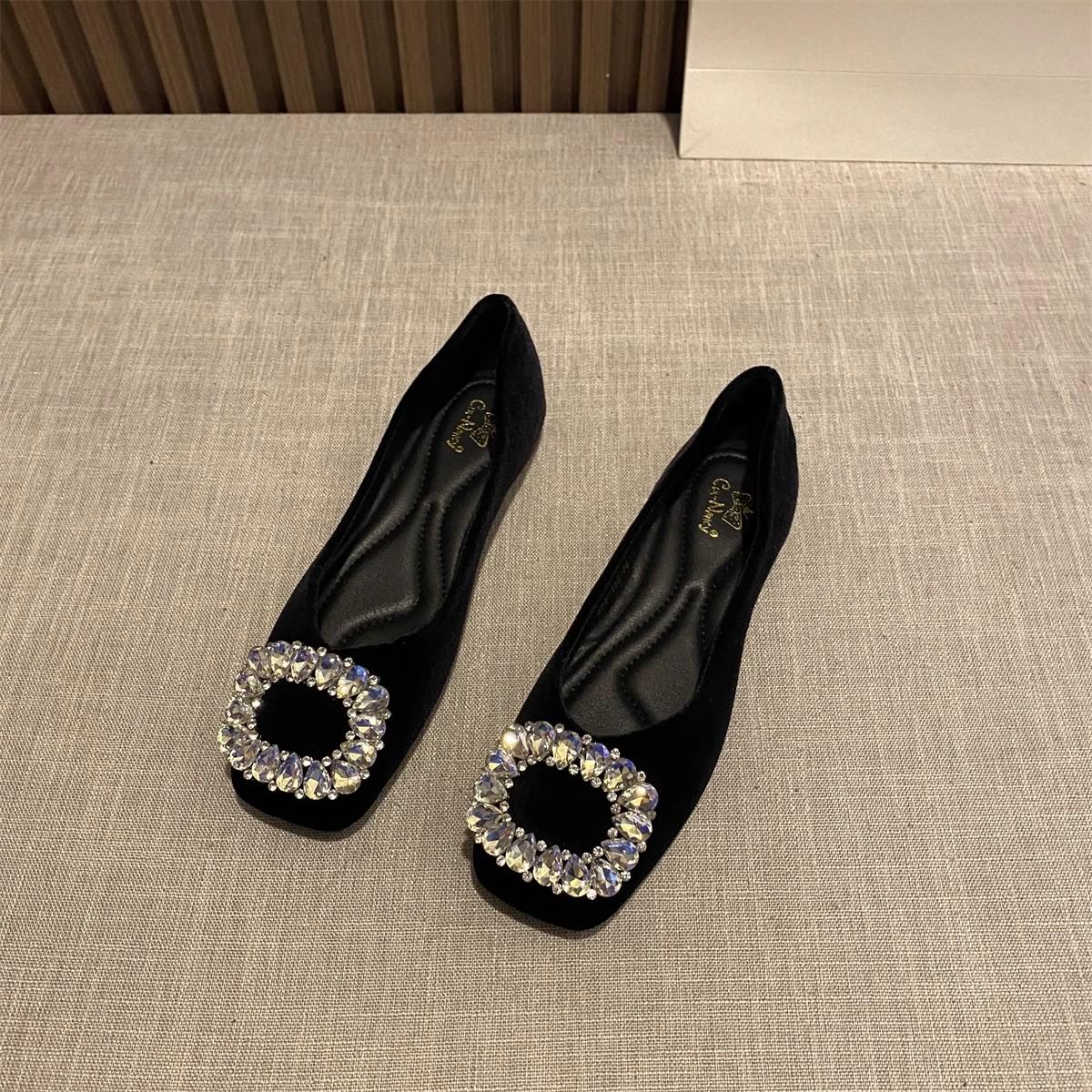 

Fashion Flat Shoes for Women Spring and Autumn of 2025 New Suede Diamond Square Toe French Shallow Mouth Flat Shoes Plus Size 43 44 32 чёрный