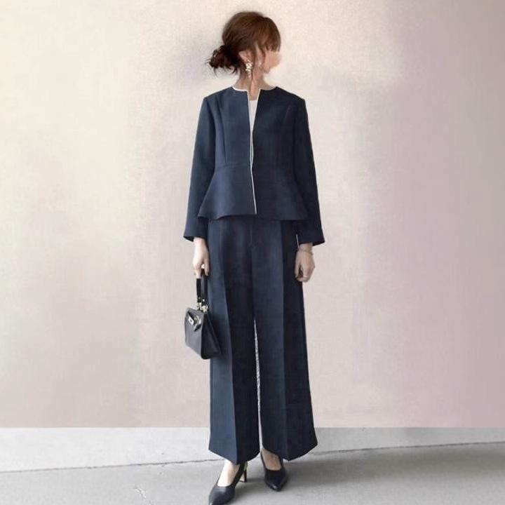 

Spring 2026 Japanese Style Navy Blue Two-Piece Set: Round Neck Jacket & Loose Trousers Medium темно-синий