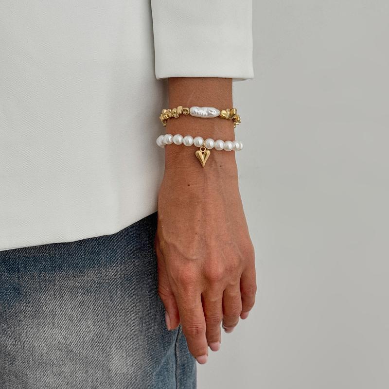 2Pcs/Set New Imitation Pearls Metal Heart Pendant Bracelets Women Fashion Creative Sliver Color Cube Chain Jewelry Gifts