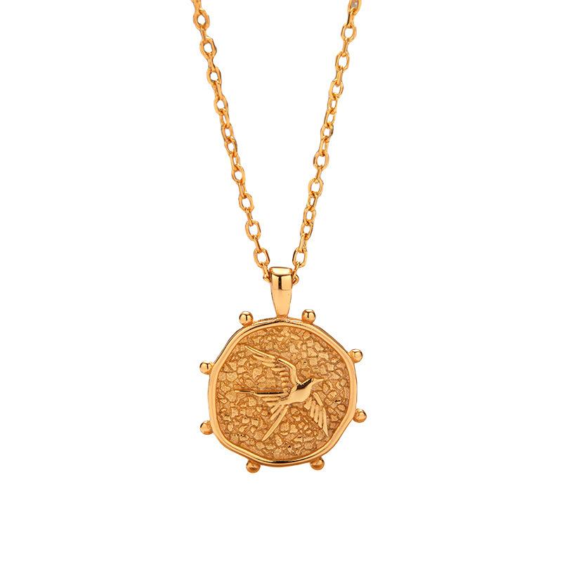 French Vintage Compass Embossed Swallow Pendant S925 Sterling Silver Necklace Female Elegant Versatile Clavicle Chain
