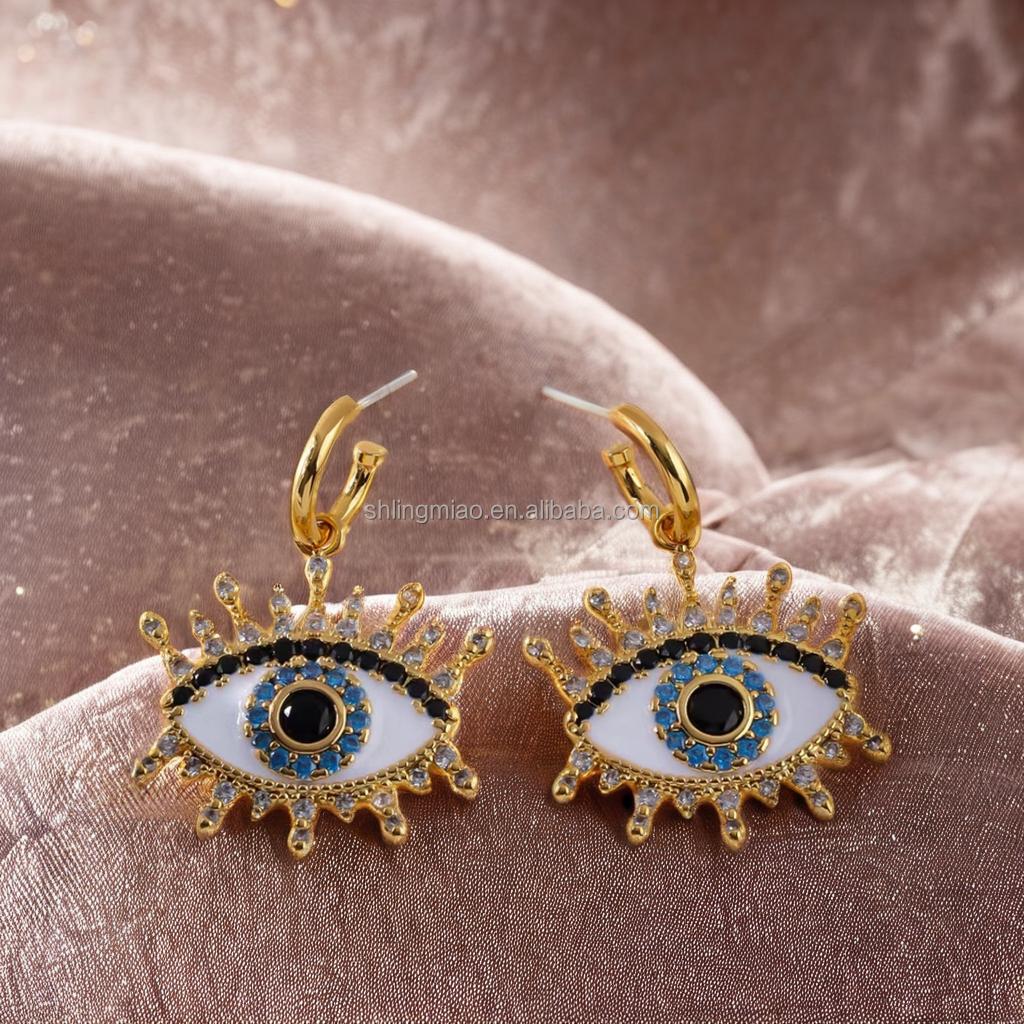 LingMiao Stylish Devil's Eye Stud Earrings 18K Copper Gold-Plated Fashion Drop Design Piercing Jewelry