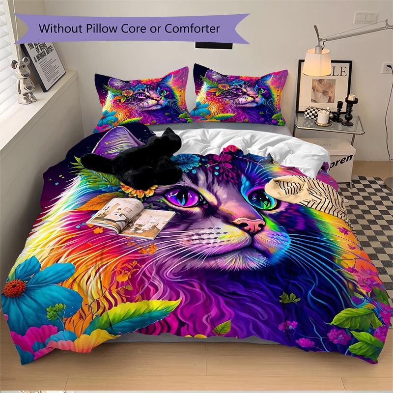 3pcs Multicolored Cat Quilt Set Cartoon Themed Bed Quilt Set Lovely Character Bedroom Decor Bed Quilt